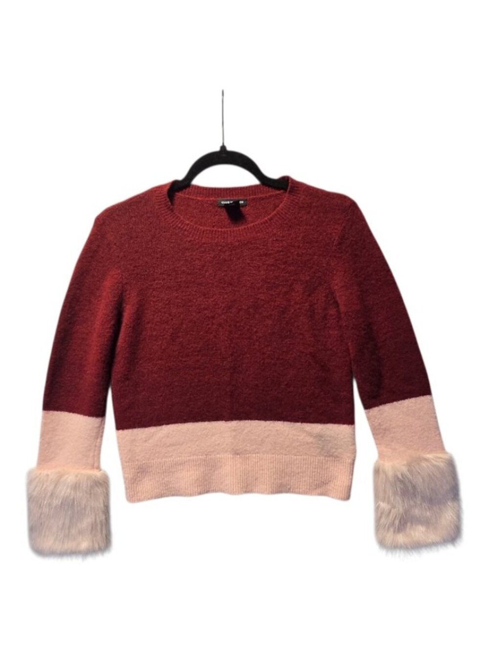 Club Monaco Wool Blend Crewneck Sweater Burgundy Pink Faux Fur Cuffs Colorblock